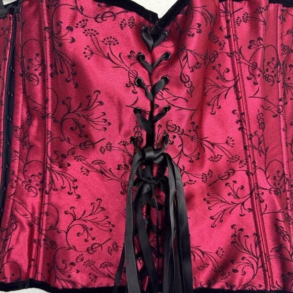 Shirley Satin Velvet Floral Lace Up Corset Top Size 34 Black Red Goth Vamp Y2K - Picture 8 of 8